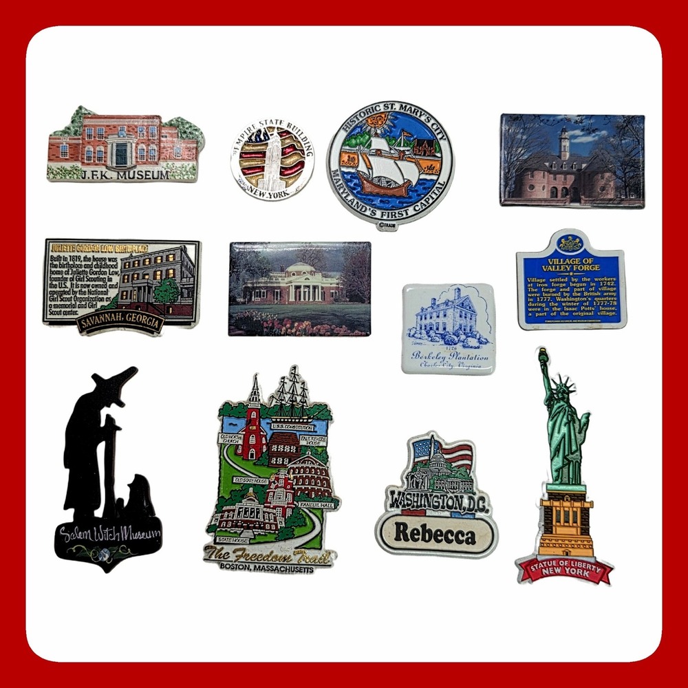Vintage Souvenir Fridge Refrigerator Magnet Lot 12pc Travel US Landmarks States